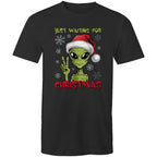 Just Waiting For Christmas, Alien - Mens T-Shirt Black Mens Christmas T-shirt Christmas Printed In Australia