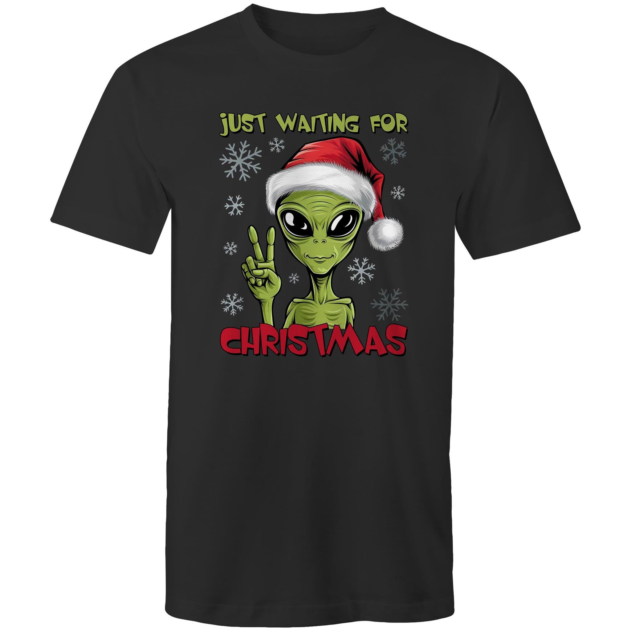 Just Waiting For Christmas, Alien - Mens T-Shirt Black Mens Christmas T-shirt Christmas Printed In Australia
