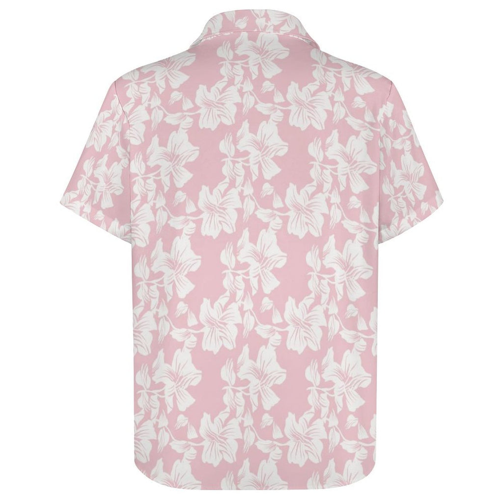 Pink Hawaiian Floral Women's Collared Pocketless Short Sleeve Shirt