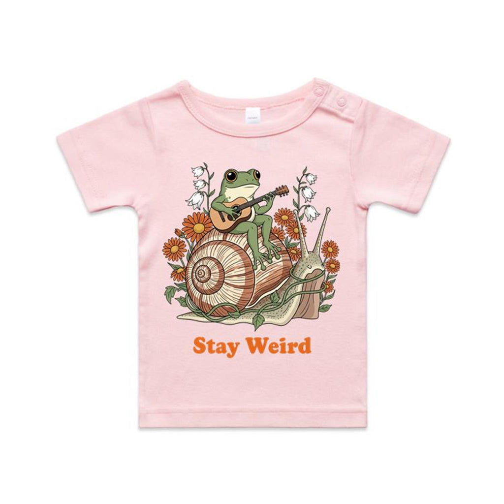 Stay Weird, Guitar Playing Frog On A Snail AS Colour Baby T-shirt Pink Baby T-shirt animal Music Printed In Australia