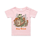 Stay Weird, Guitar Playing Frog On A Snail AS Colour Baby T-shirt Pink Baby T-shirt animal Music Printed In Australia