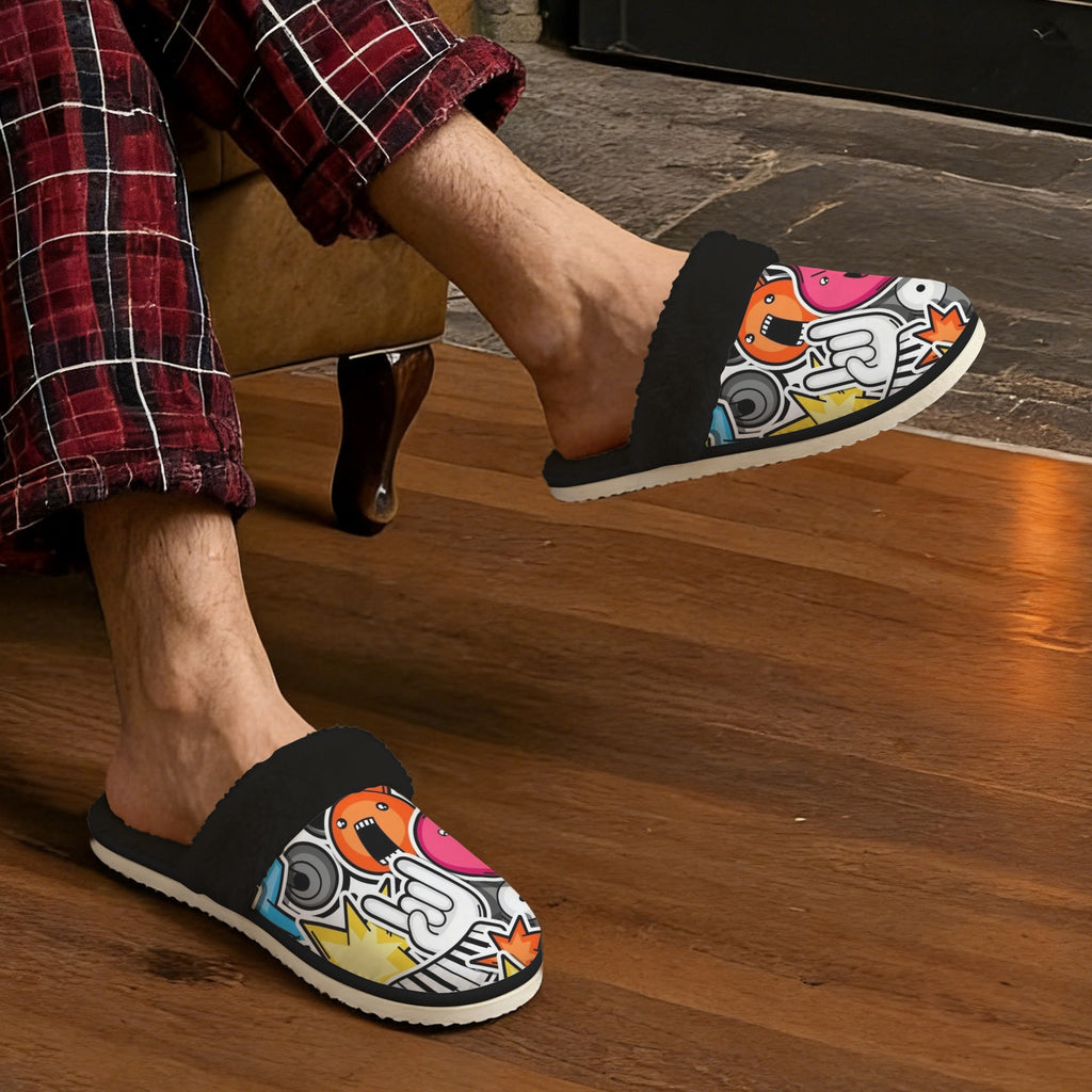 Sticker Music Men's Fur Trim Thick-Sole Indoor Slippers Men's Fur Trimmed Slippers Music Printed Offshore