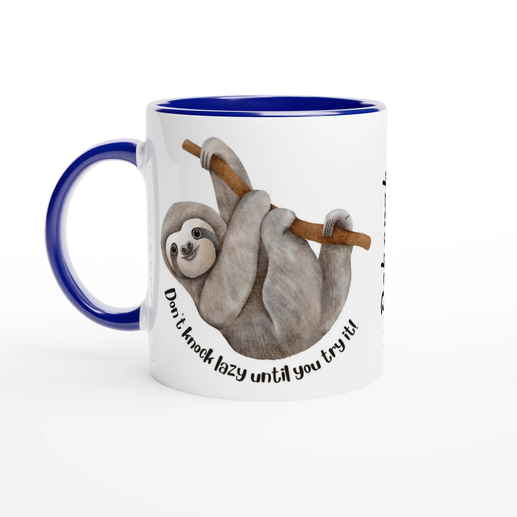 Personalise - Sloth, Don't Knock Lazy Until You Try It - White 11oz Ceramic Mug Ceramic Blue Personalised Mug animal customise Funny Globally Fulfilled personalise