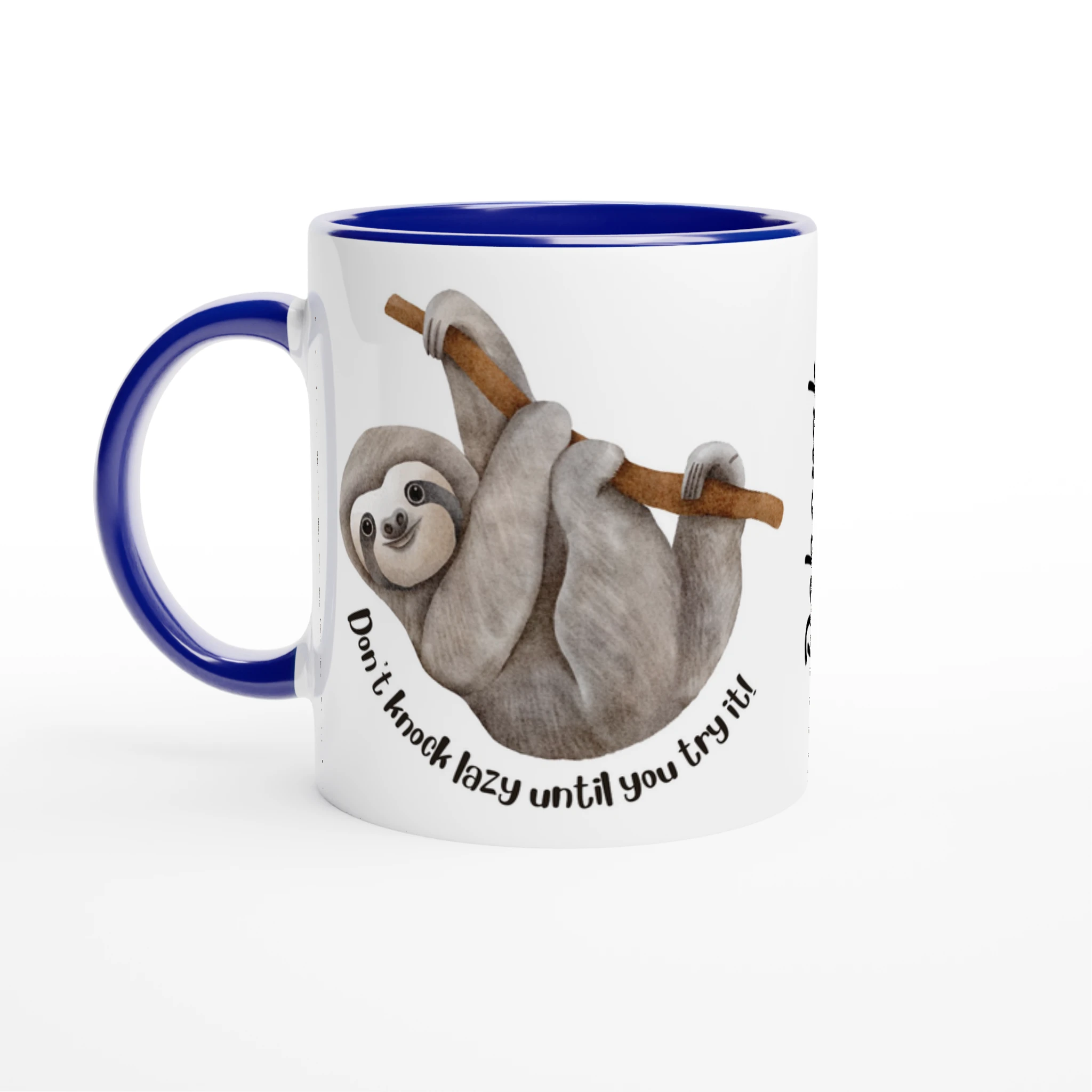 Personalise - Sloth, Don't Knock Lazy Until You Try It - White 11oz Ceramic Mug Ceramic Blue Personalised Mug animal customise Funny Globally Fulfilled personalise