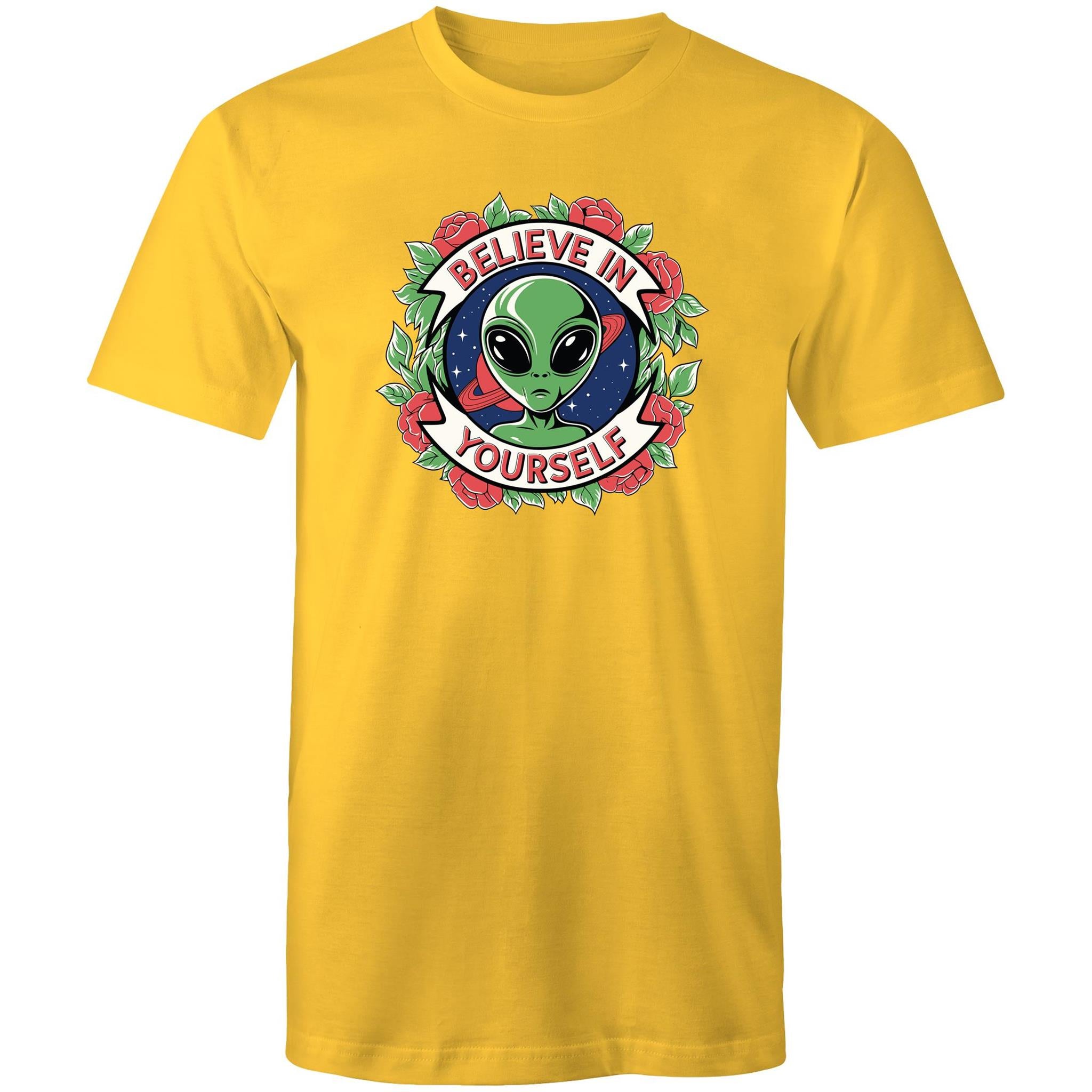 Believe In Yourself, Alien - Mens T-Shirt Yellow Mens T-shirt Motivation Positivity Printed In Australia Sci Fi