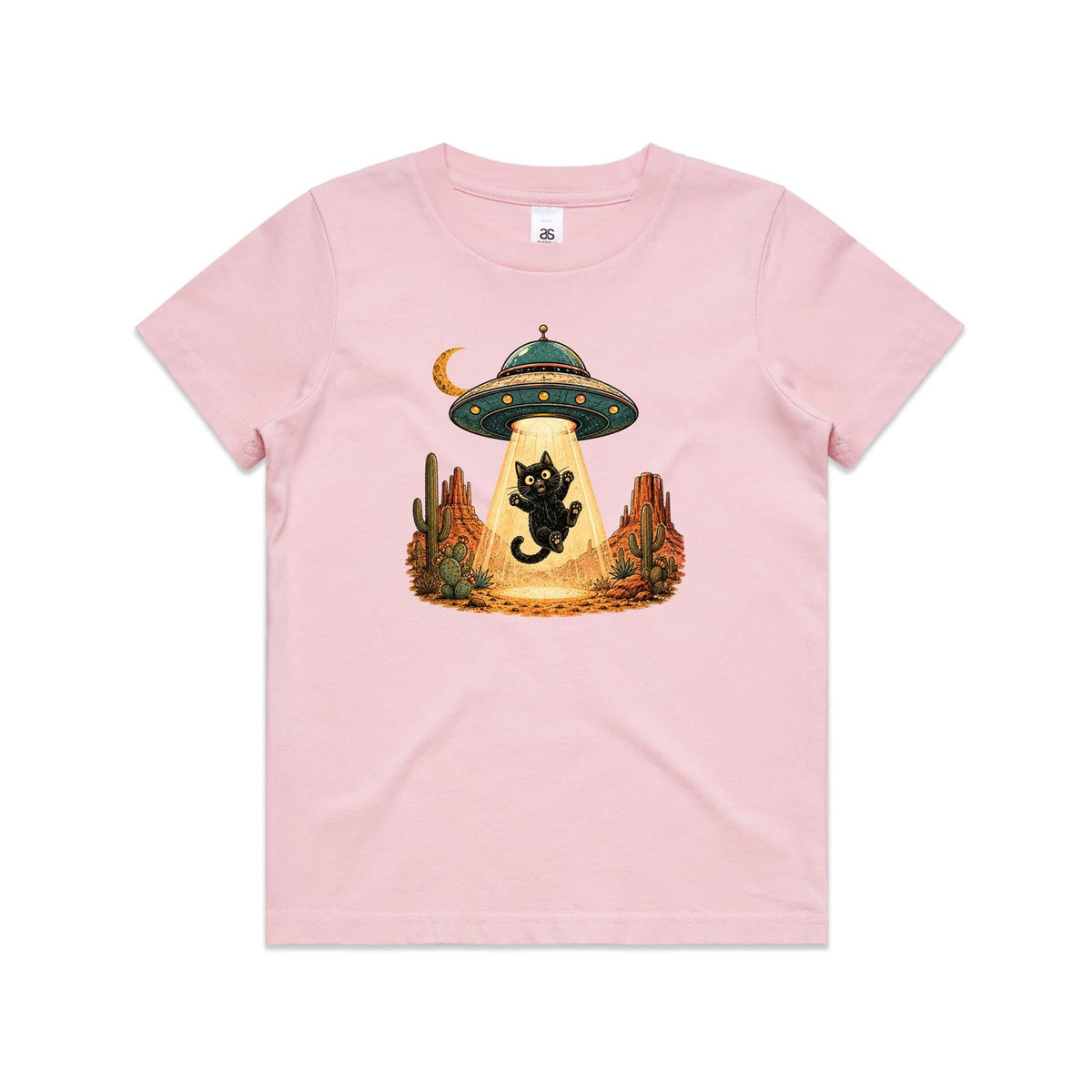 Black Cat Alien UFO Abduction Kids AS Colour T-shirt