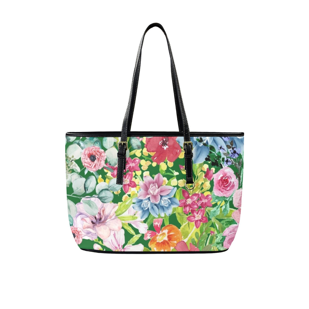 Bright Floral - Leather Tote Bag-Large