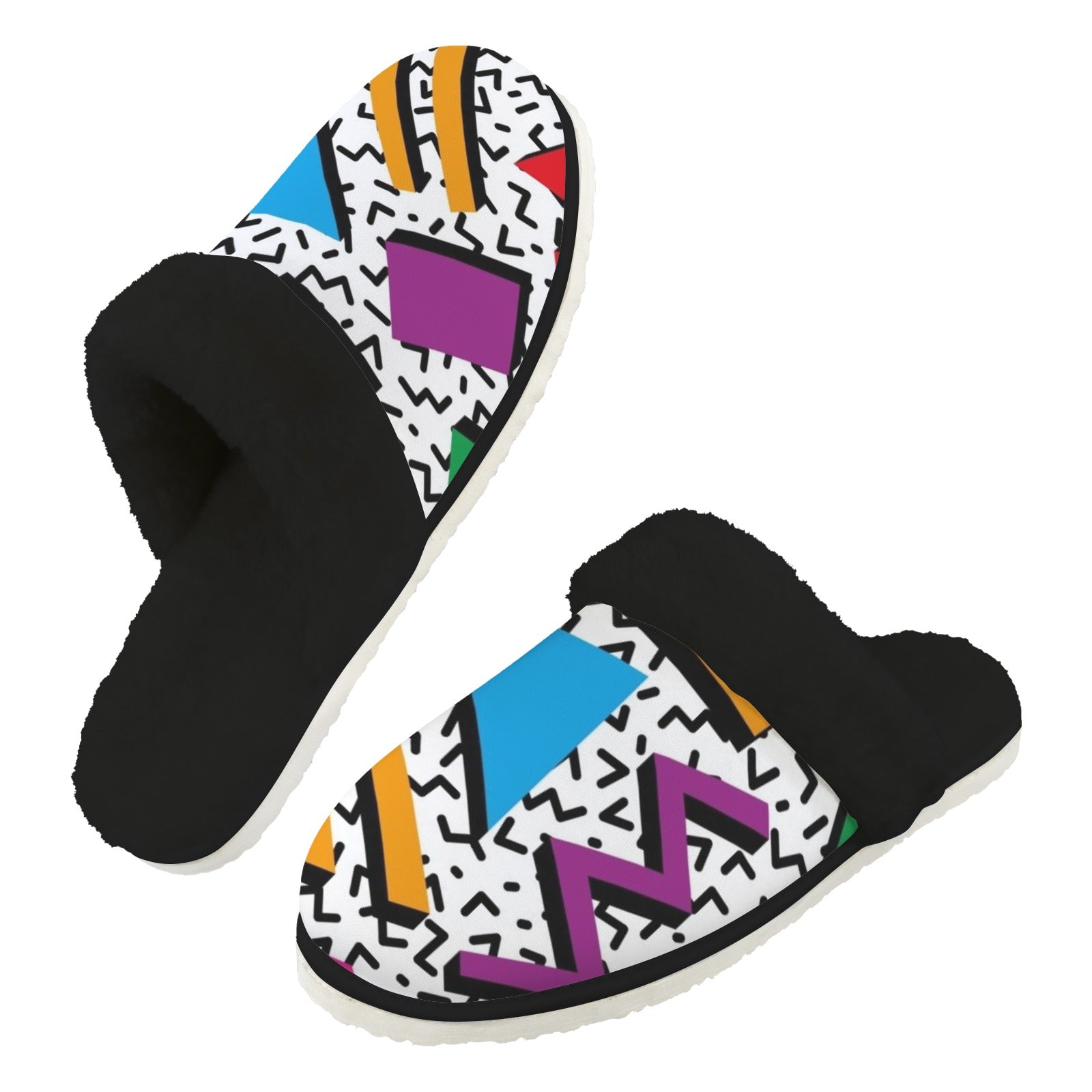 80's Abstract - Men's Fur Trim Thick-Sole Indoor Slippers 2XL Men's Fur Trimmed Slippers Printed Offshore Retro