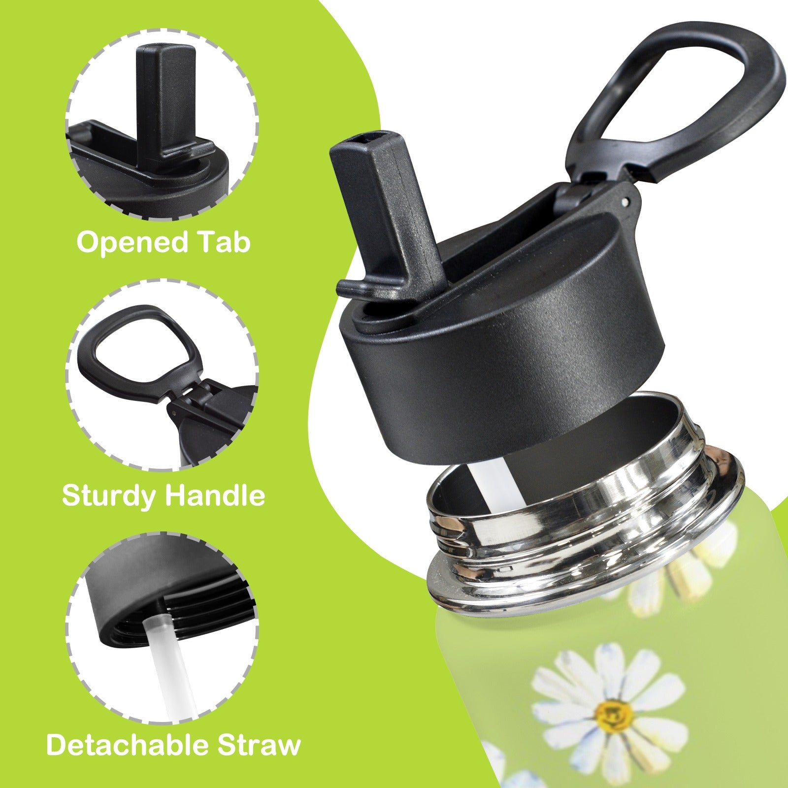 White Flower On Green 12oz Kids Water Bottle with Straw Lid