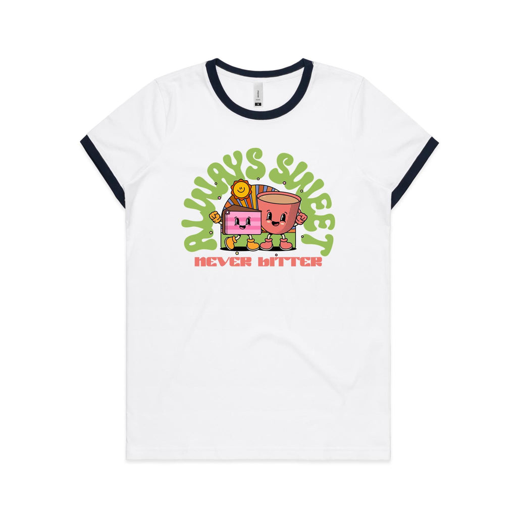 Always Sweet, Never Bitter, Coffee And Cake - Women's Ringer Tee White Navy Womens Ringer T-shirt Coffee Food Printed In Australia