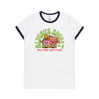 Always Sweet, Never Bitter, Coffee And Cake - Women's Ringer Tee White Navy Womens Ringer T-shirt Coffee Food Printed In Australia