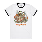 Stay Weird, Guitar Playing Frog On A Snail AS Colour Men's AS Colour Ringer Tee White Black Ringer T-Shirt animal Music Printed In Australia