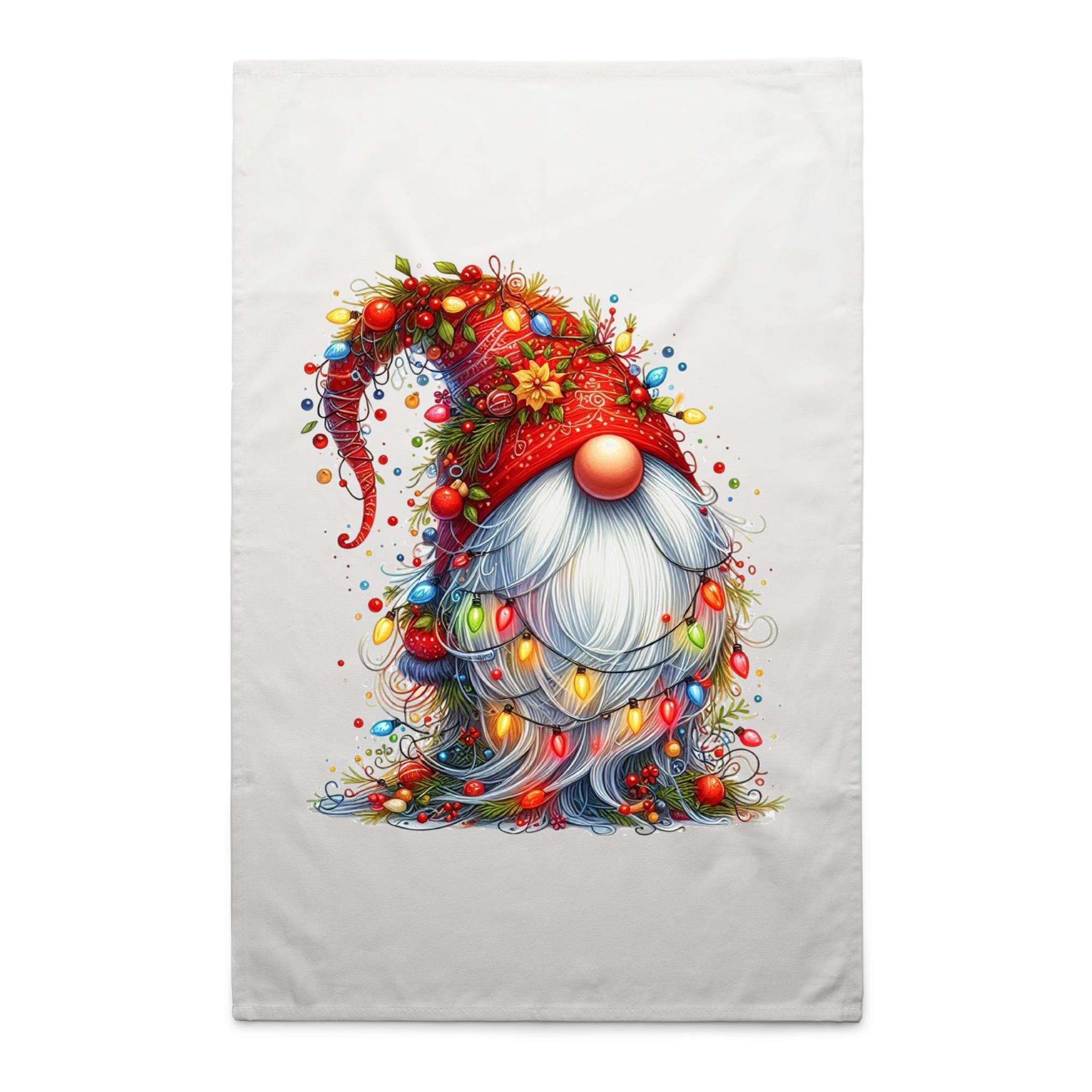 Gnome Wrapped In Christmas Lights - AS Colour Tea Towel White One Size Christmas Tea Towel Christmas Printed In Australia