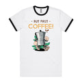 But First Coffee - Staple Ringer Tee White Black Ringer T-Shirt Coffee Printed In Australia
