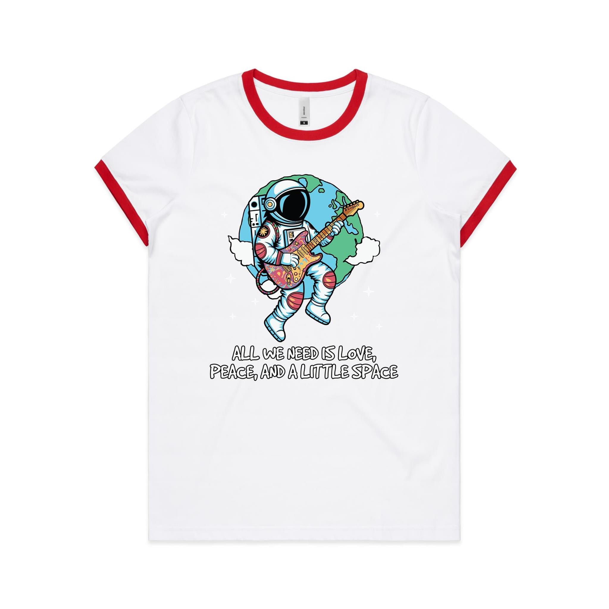 Astronaut, All We Need Is Love, Peace And A Little Space - Women's Ringer Tee White Red Womens Ringer T-shirt Music Printed In Australia Space