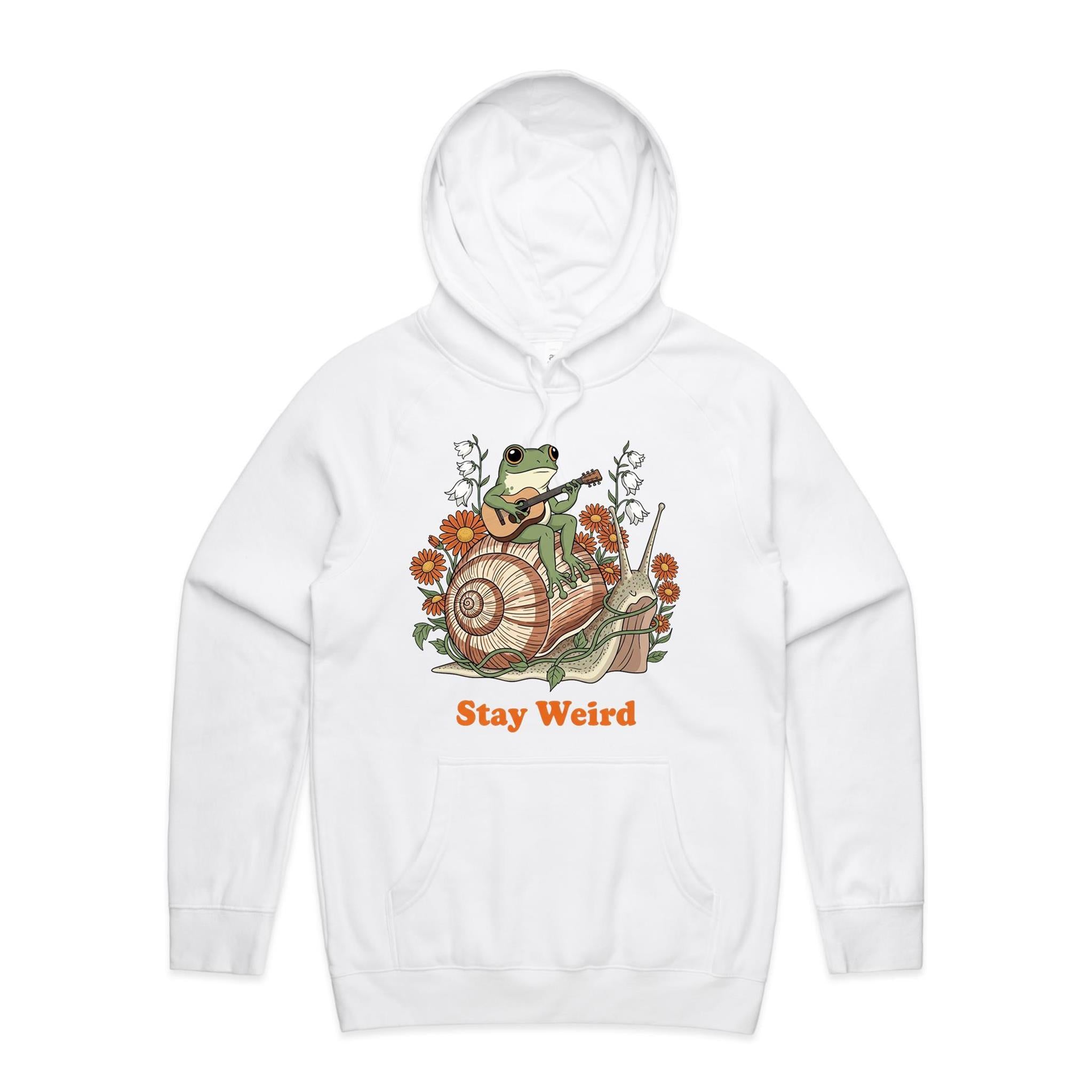 Stay Weird, Guitar Playing Frog On A Snail Men's AS Colour Hoodie White Mens Hoodie animal Music Printed In Australia