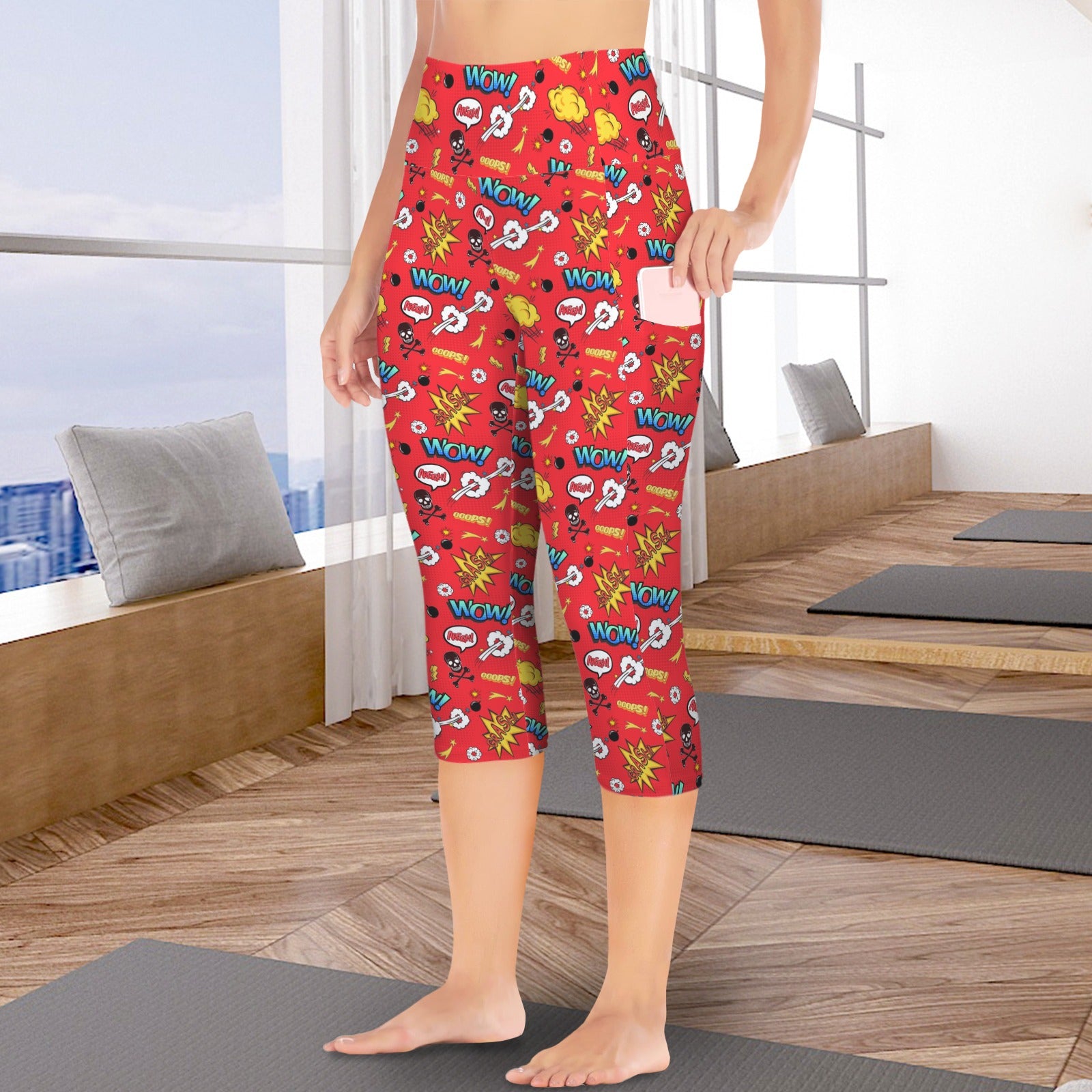 Comic Book Red Women's High Waist Pocket Capri Yoga Leggings Women's High Waist Capri Yoga Leggings comic Printed Offshore