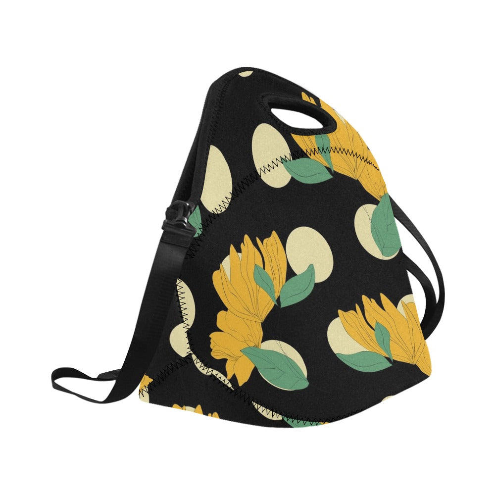 Yellow Flowers And Dots Neoprene Lunch Bag/Large (Model 1669) Neoprene Lunch Bag Plants Printed Offshore
