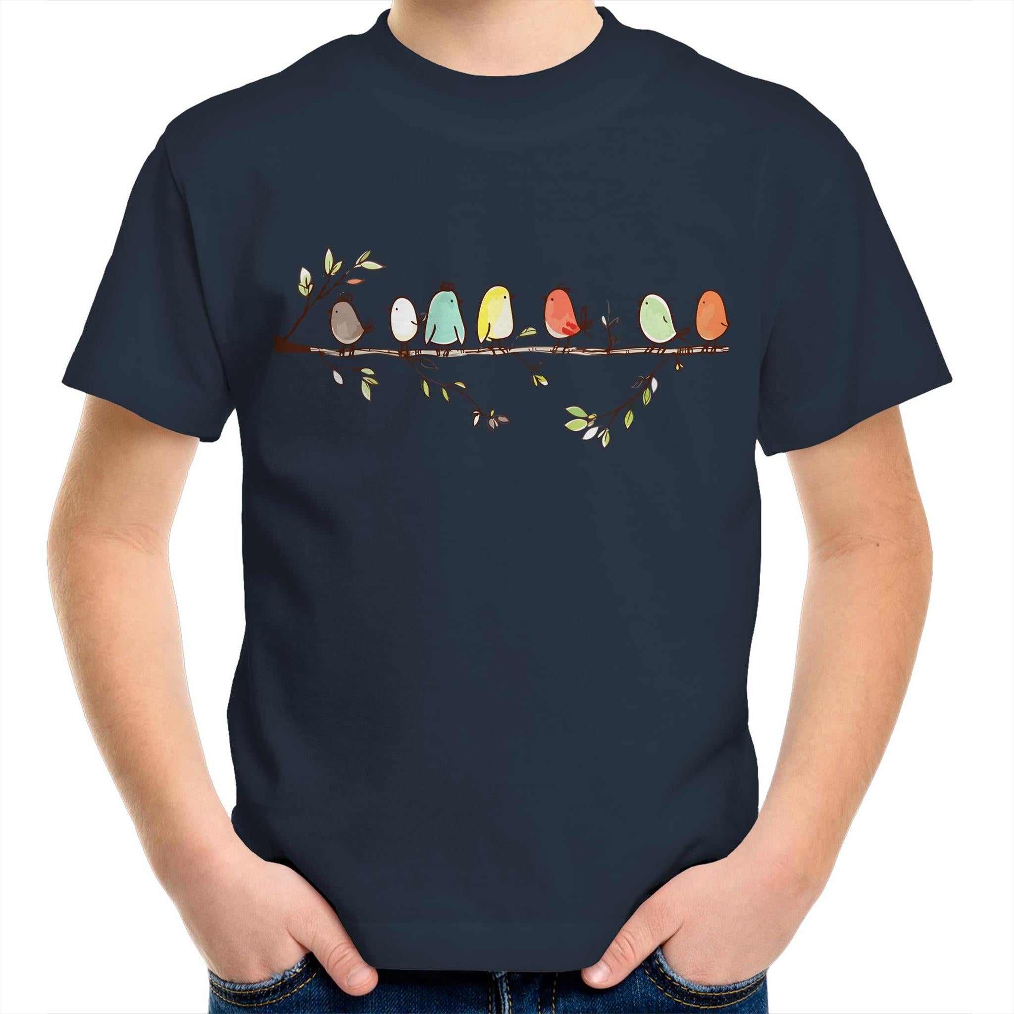 Birds On A Branch - Kids Youth T-Shirt Navy Kids Youth T-shirt animal Printed In Australia