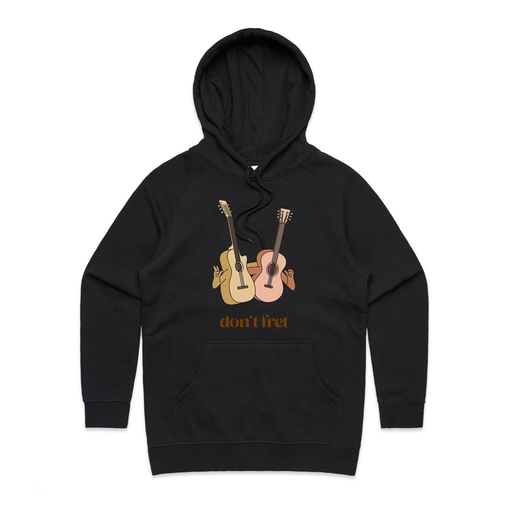 Guitars, Don't Fret - Womens Hoodie Black Womens Hoodie Music Positivity Printed In Australia