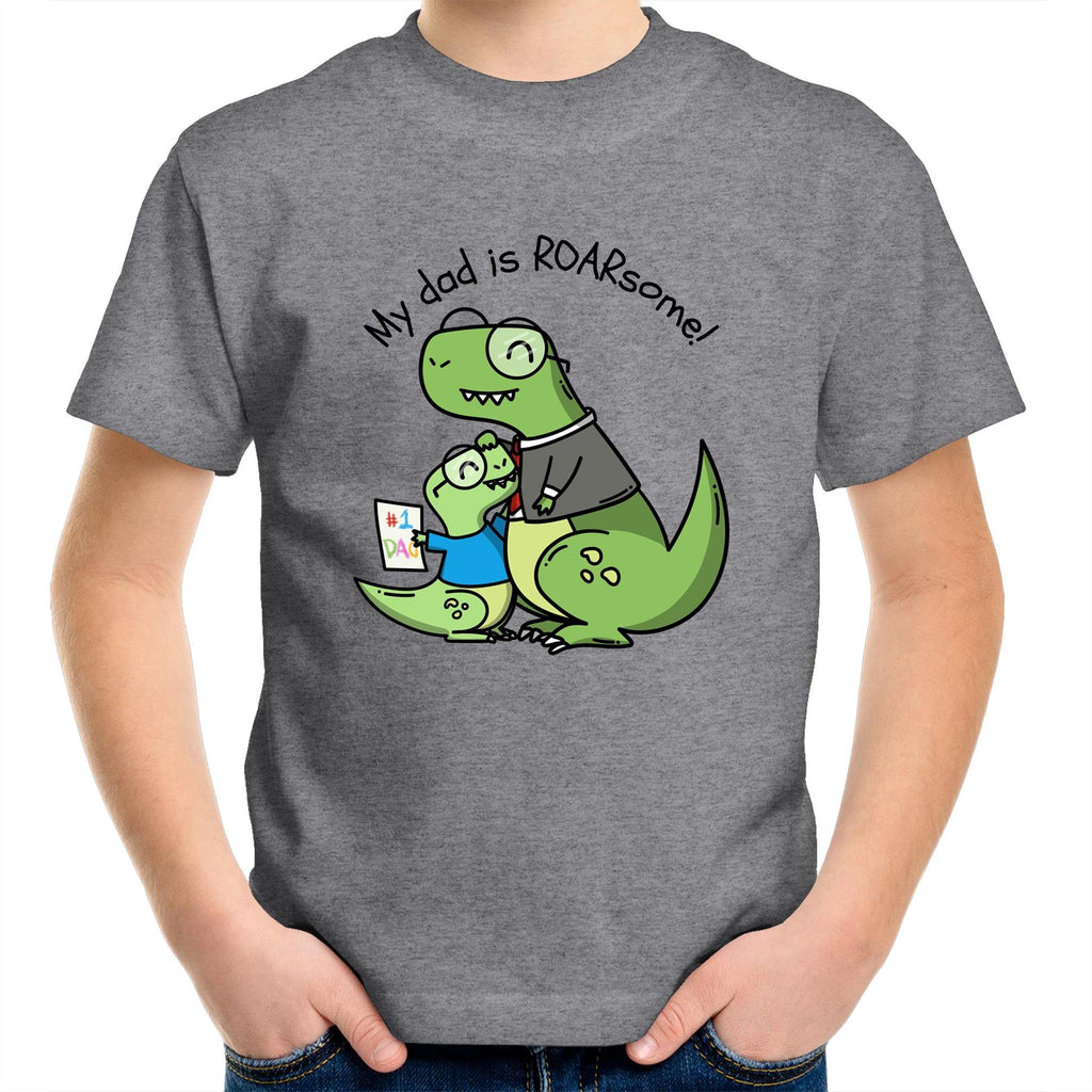 My Dad Is Roarsome, Dinosaur - Kids Youth T-Shirt Grey Marle Kids Youth T-shirt Dad Printed In Australia