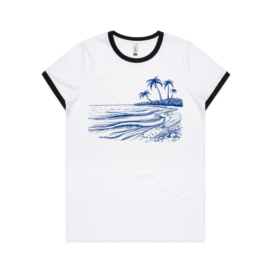 Surf Beach - Women's Ringer Tee White Black Womens Ringer T-shirt Printed In Australia Summer Surf