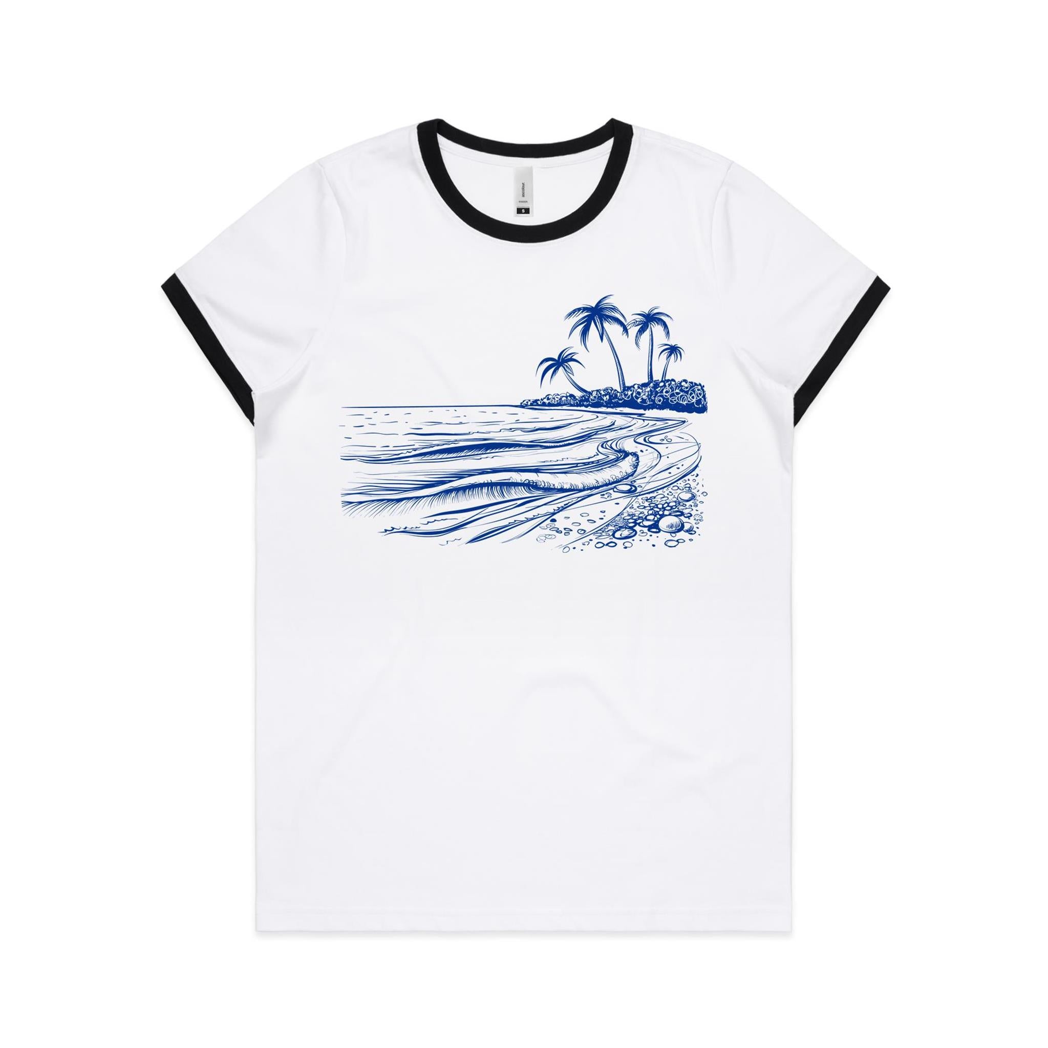 Surf Beach - Women's Ringer Tee White Black Womens Ringer T-shirt Printed In Australia Summer Surf