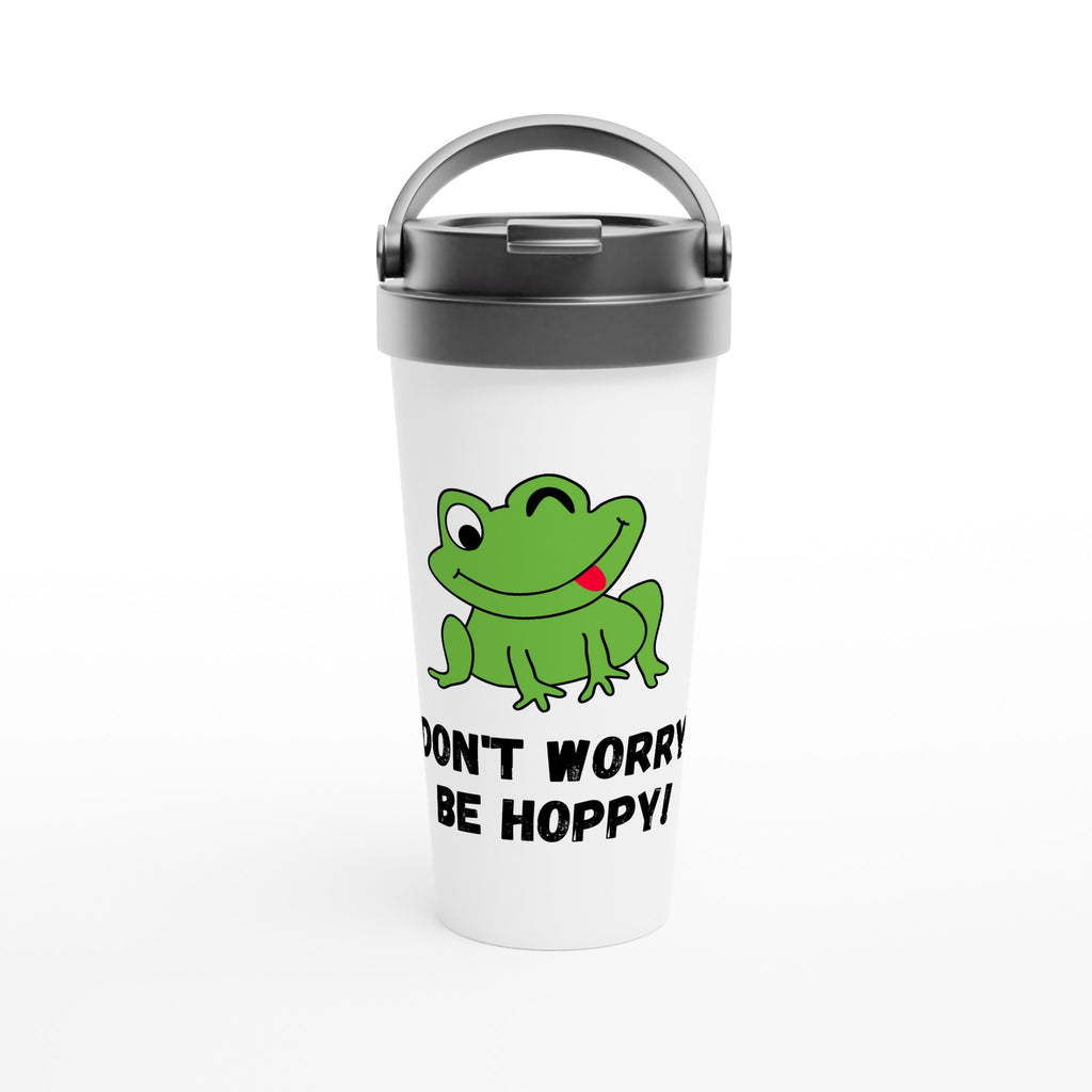 Frog, Don't Worry Be Hoppy - White 15oz Stainless Steel Travel Mug Default Title Travel Mug Globally Fulfilled Positivity