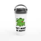Frog, Don't Worry Be Hoppy - White 15oz Stainless Steel Travel Mug Default Title Travel Mug Globally Fulfilled Positivity