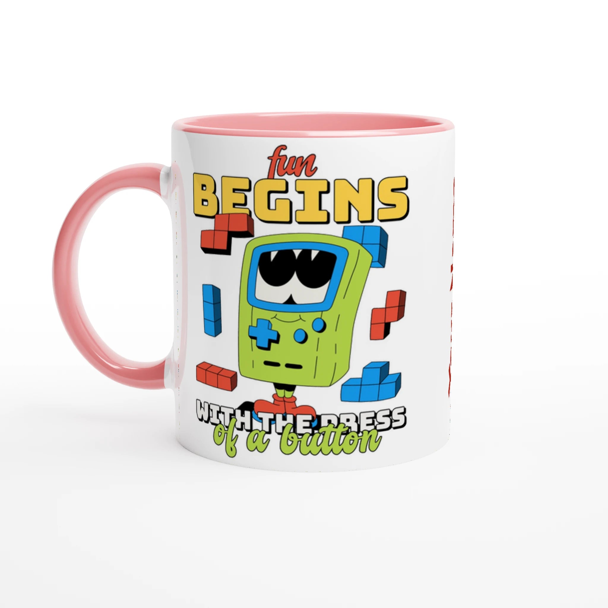 Personalised - Fun Begins With The Press Of A Button - White 11oz Ceramic Mug White 11oz Ceramic Mug with Color Inside Ceramic Pink Personalised 11oz Mug customise Games Globally Fulfilled personalise