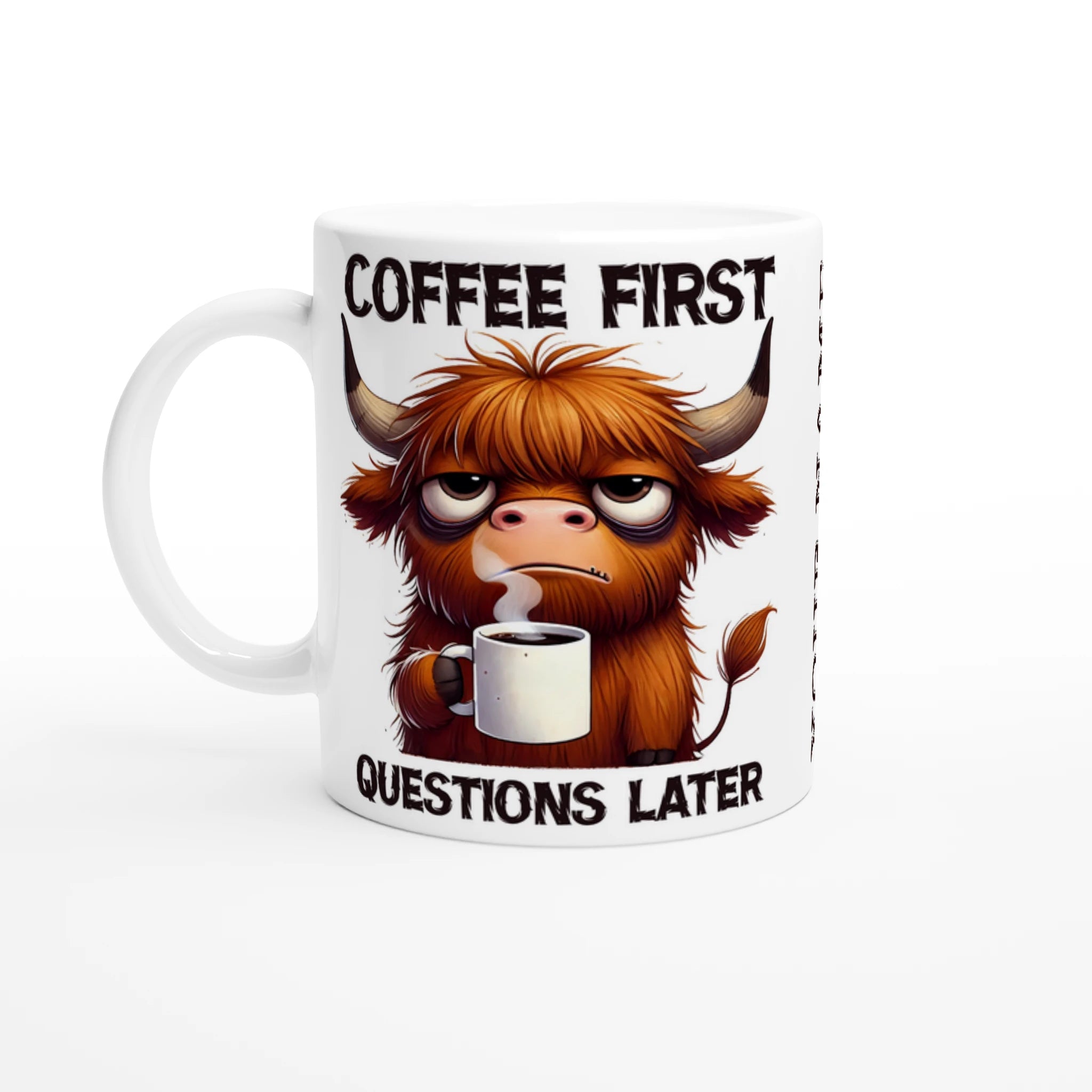 Personalise - Coffee First, Questions Later, Highland Cow - 11oz Ceramic Mug Ceramic White Personalised 11oz Mug animal Coffee Globally Fulfilled