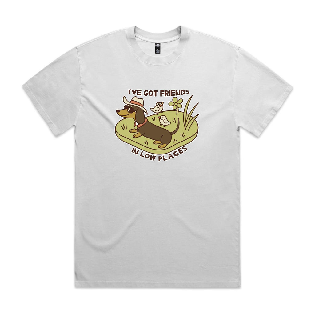 Dachshund, I've Got Friends In Low Places AS Colour Heavy Faded Tee Unisex Faded White Heavy Faded T-shirt animal Printed In Australia