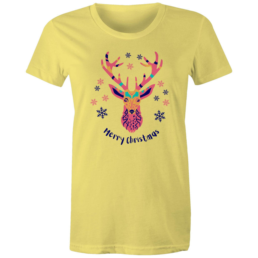 Merry Christmas Deer - Womens T-shirt Yellow Womens Christmas T-shirt Christmas Printed In Australia