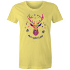 Merry Christmas Deer - Womens T-shirt Yellow Womens Christmas T-shirt Christmas Printed In Australia