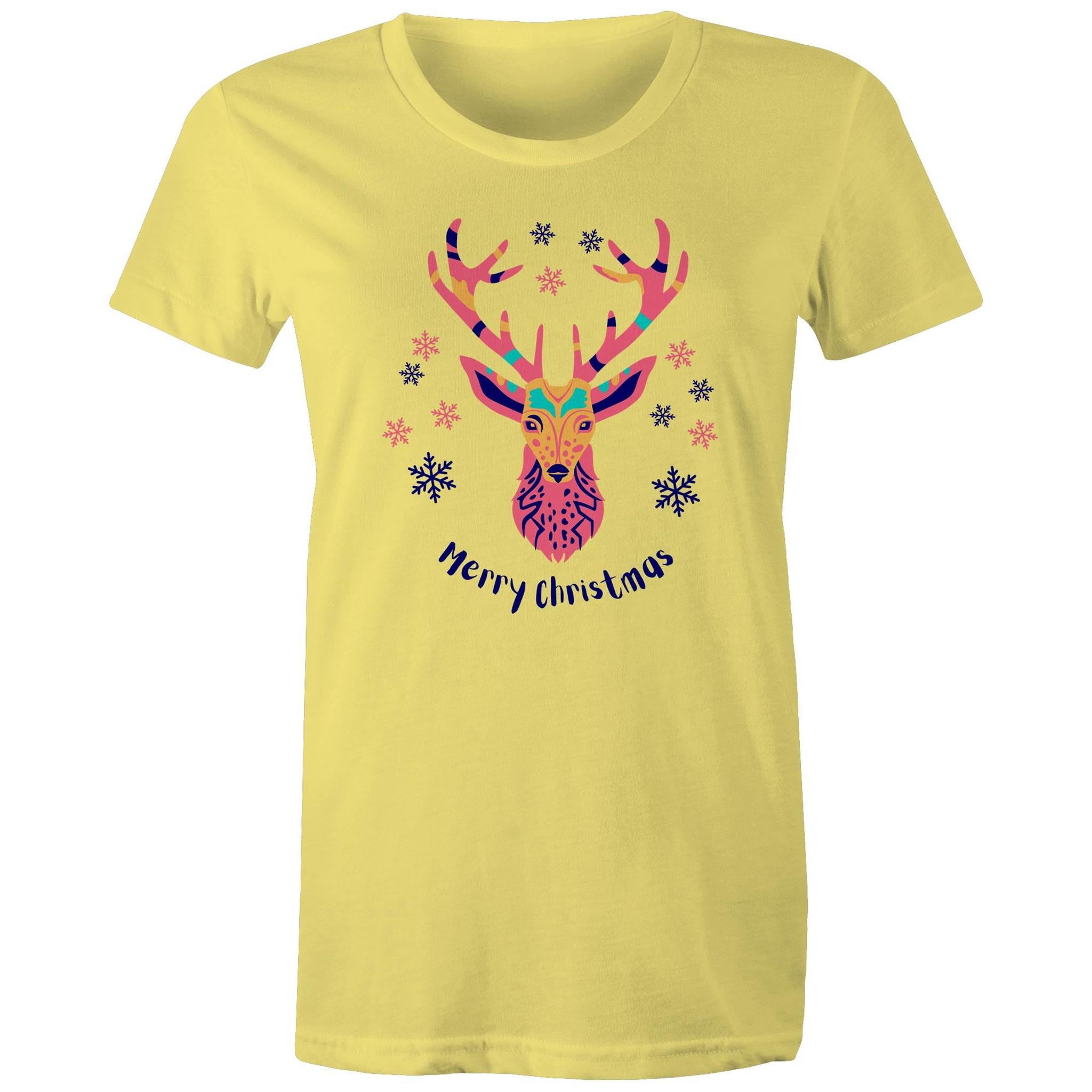 Merry Christmas Deer - Womens T-shirt Yellow Womens Christmas T-shirt Christmas Printed In Australia