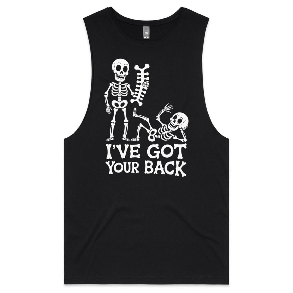 Skeleton, I've Got Your Back Mens Men's AS Colour Drop Arm Tank Top Black Drop Arm Tank Top Printed In Australia