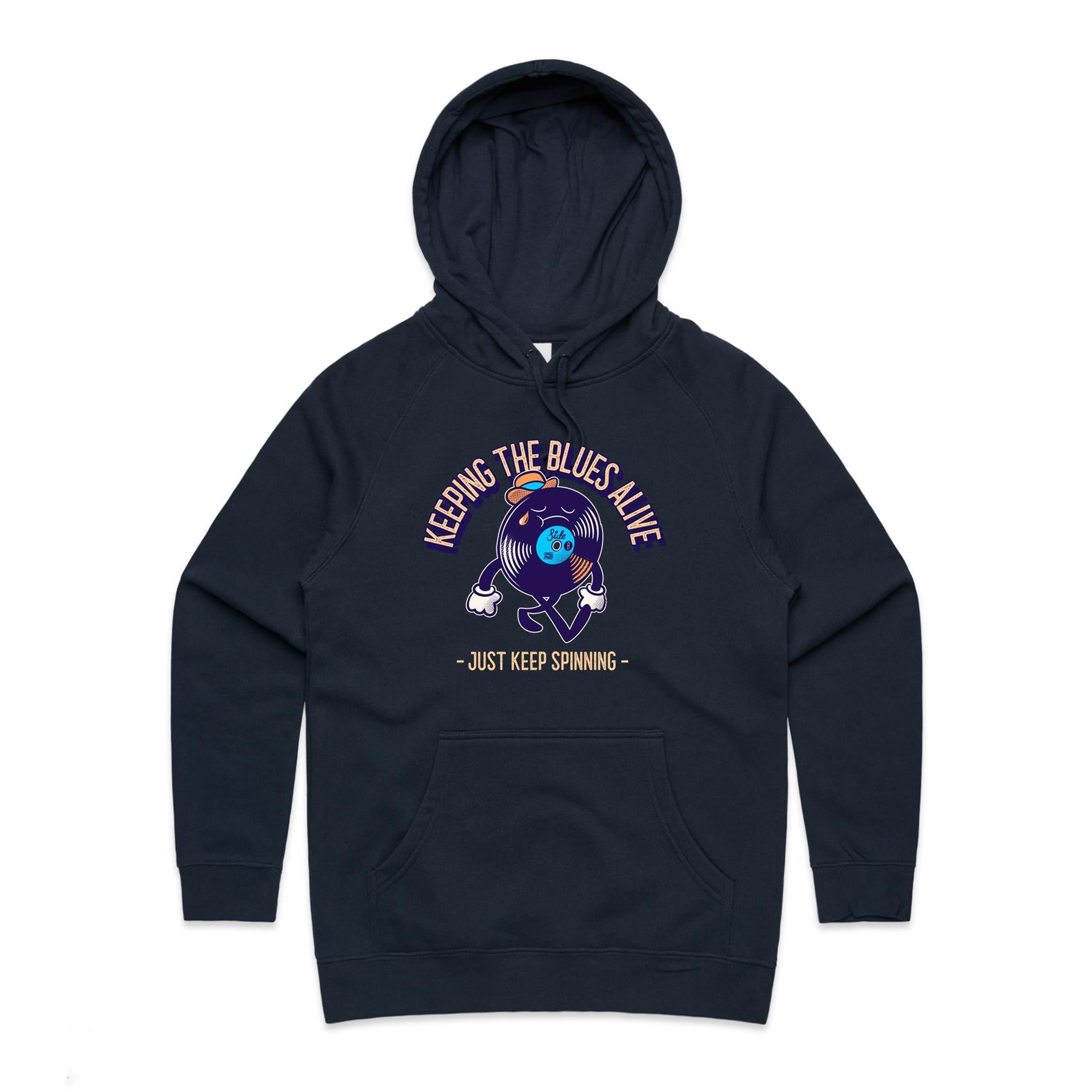 Keeping The Blues Alive - Womens Hoodie Navy Womens Hoodie Music Printed In Australia Retro