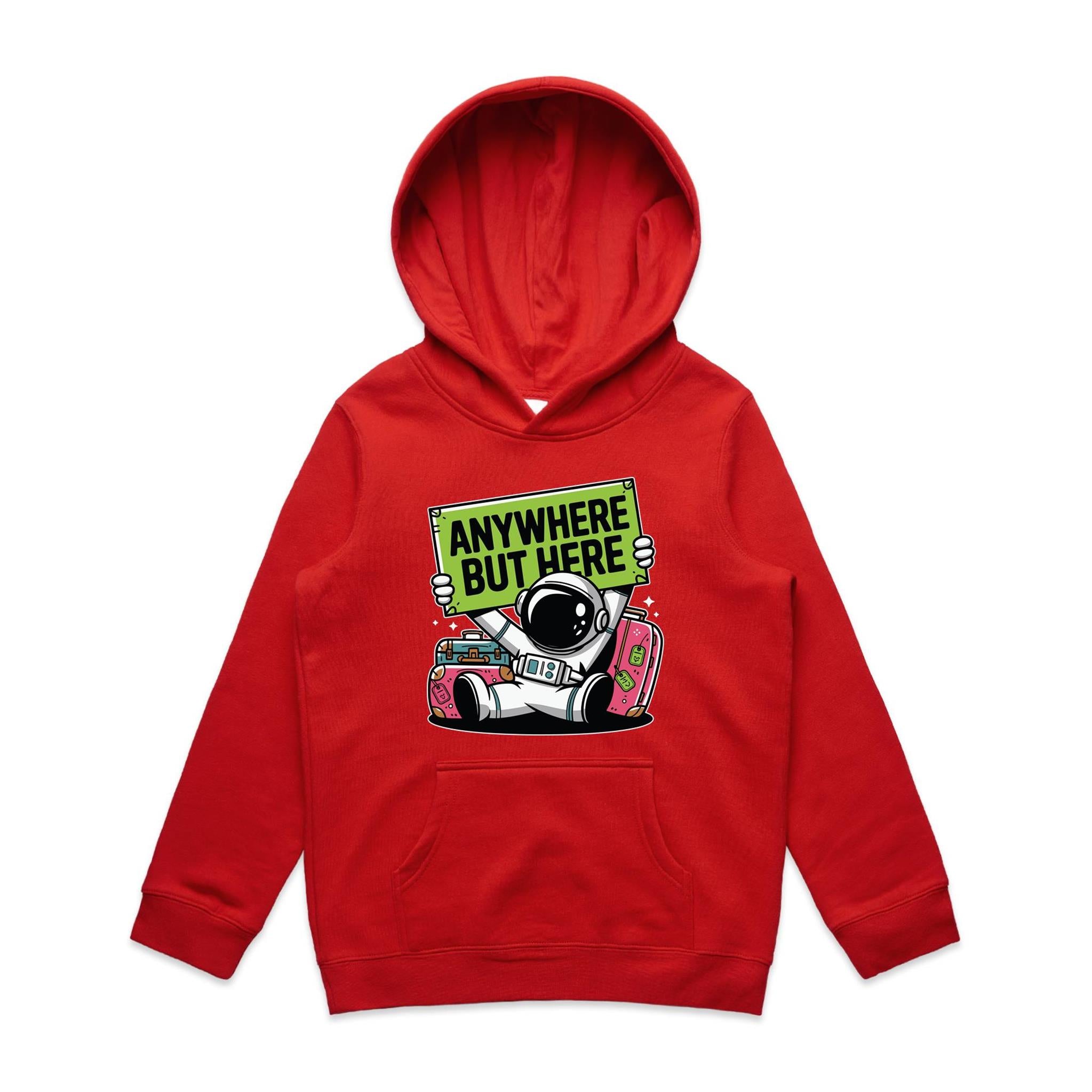 Astronaut, Anywhere But Here - Kids Hoodie Red Kids Hoodie Printed In Australia