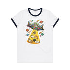UFO Cat Abduction Women's AS Colour Ringer Tee White Navy Womens Ringer T-shirt animal Printed In Australia Sci Fi
