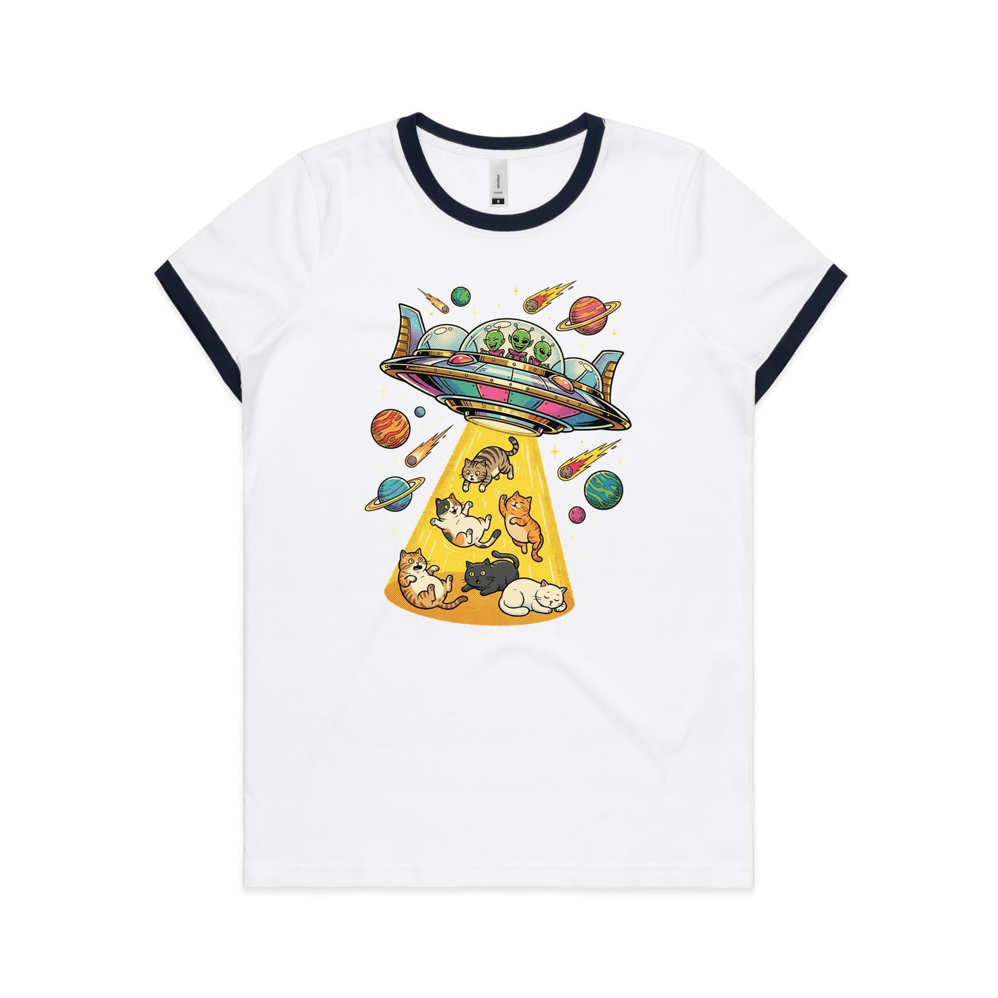 UFO Cat Abduction Women's AS Colour Ringer Tee White Navy Womens Ringer T-shirt animal Printed In Australia Sci Fi