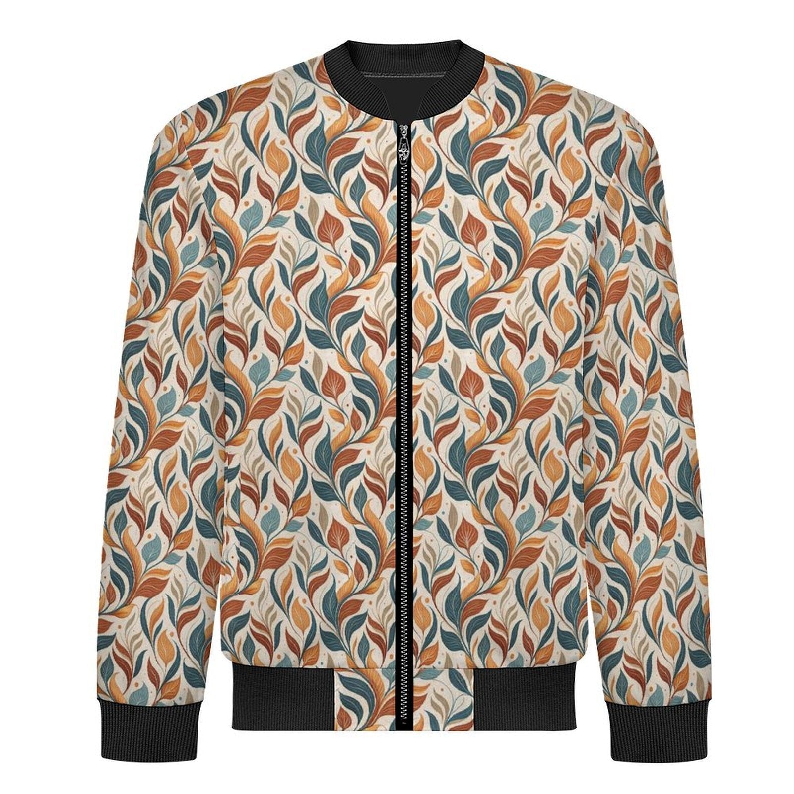 Whimsical Leaf Swirl Men's Casual Zip‑Up Bomber Jacket