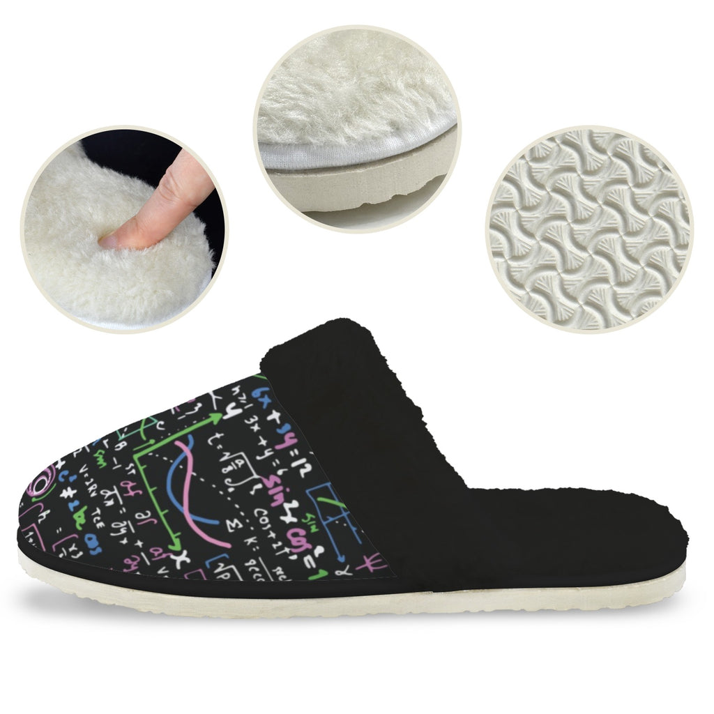 Equations In Green And Pink Men's Fur Trim Thick-Sole Indoor Slippers Men's Fur Trimmed Slippers Maths Printed Offshore