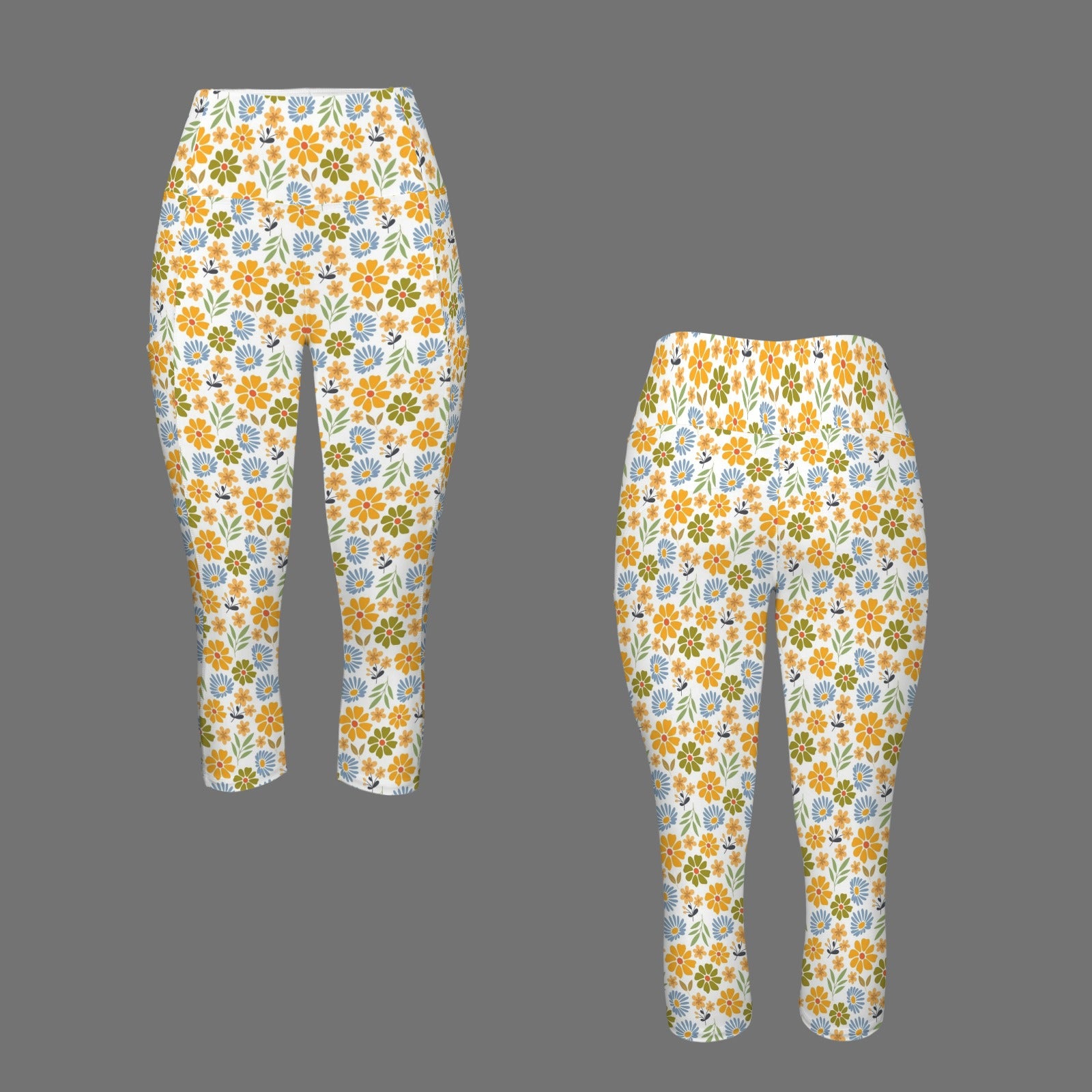 Retro Boho Flower Women's High Waist Pocket Capri Yoga Leggings Women's High Waist Capri Yoga Leggings Plants Printed Offshore