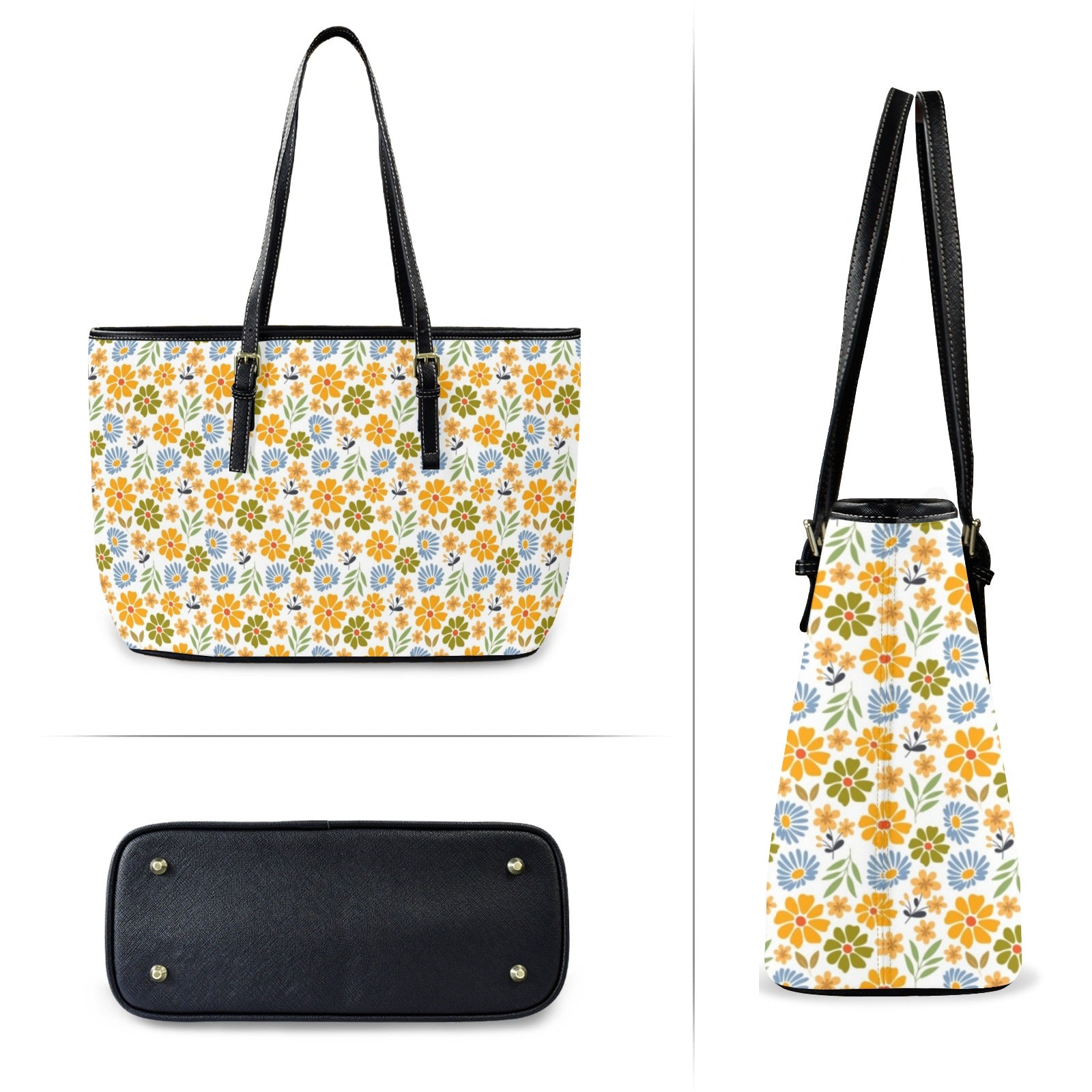 Retro Boho Flower - PU Leather Tote Bag - Large