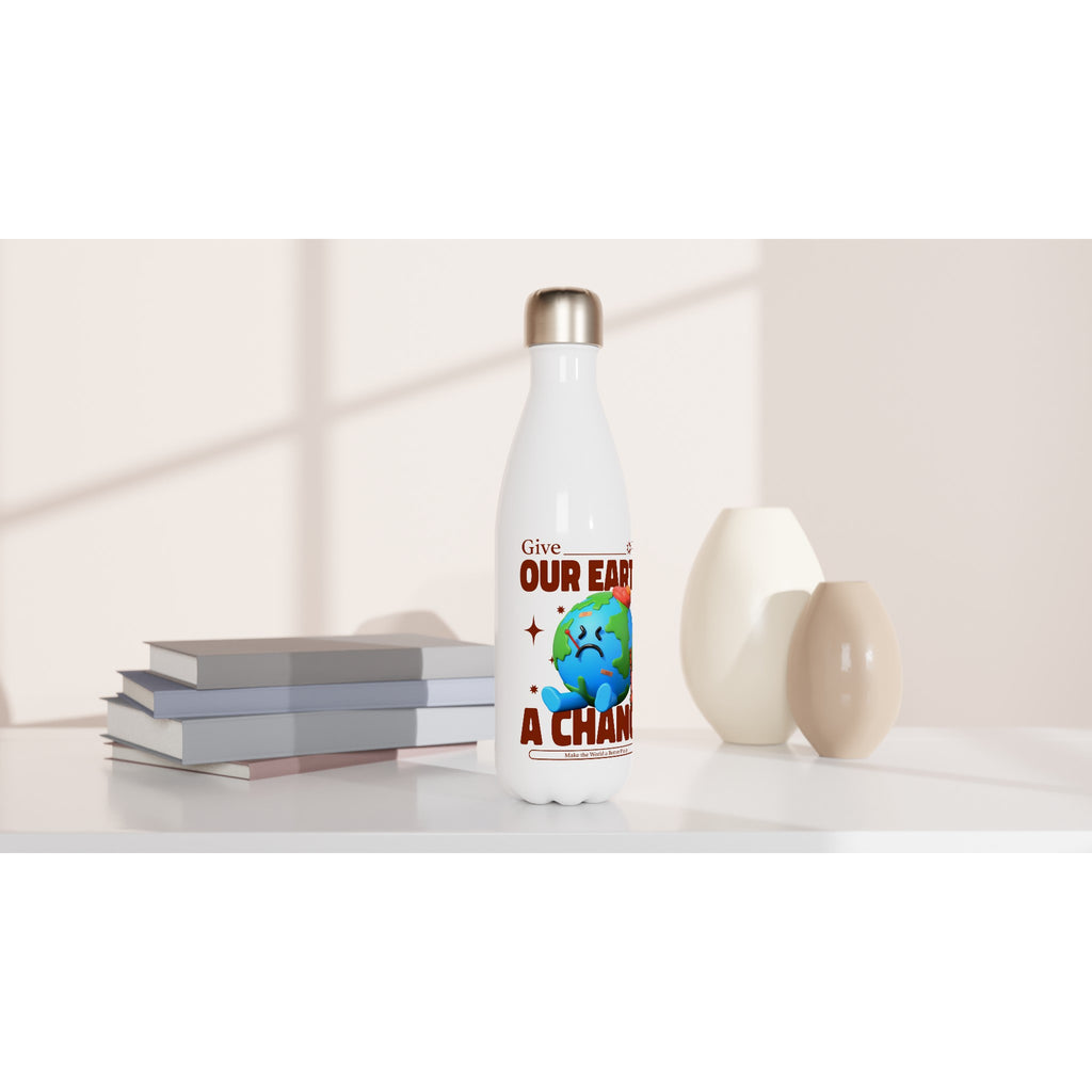 Give Our Earth A Chance - White 17oz Stainless Steel Water Bottle White Water Bottle Environment Globally Fulfilled