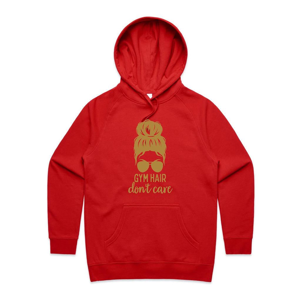 Gym Hair, Don't Care - Womens Hoodie Red Womens 2XL Womens Hoodie Fitness Printed In Australia