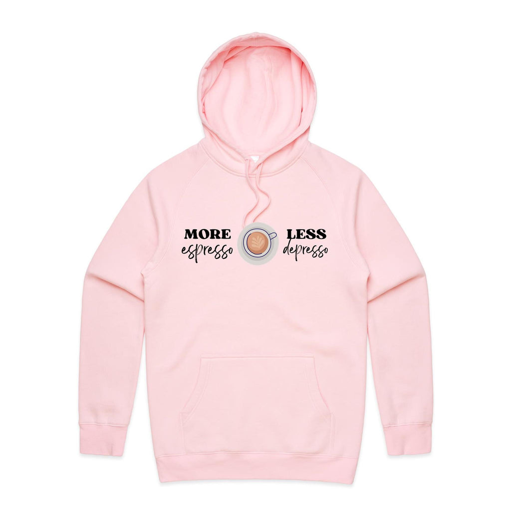More Espresso, Less Depresso Men's AS Colour Hoodie Pink Mens Hoodie Coffee Printed In Australia