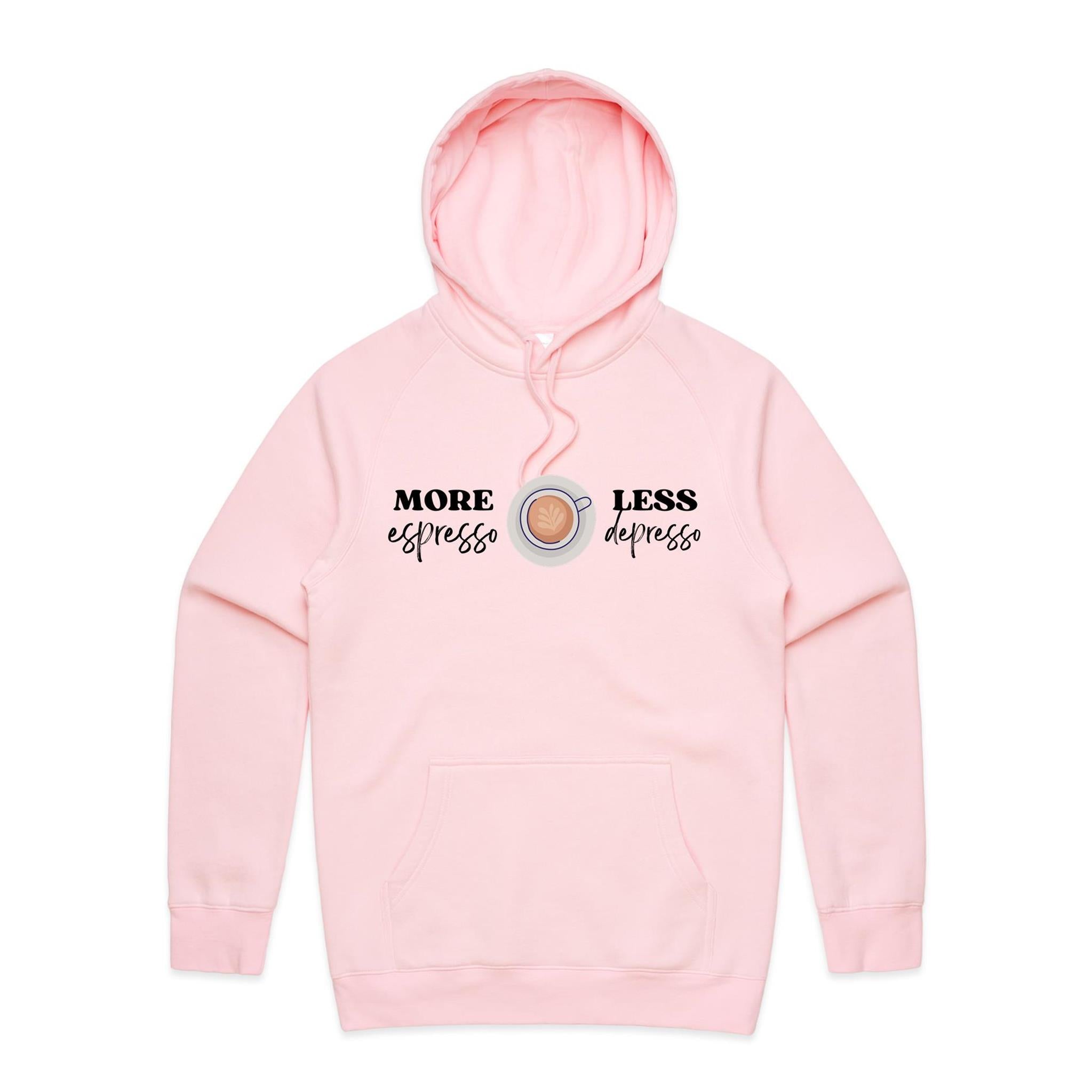 More Espresso, Less Depresso - Mens Hoodie Pink Mens Hoodie Coffee Printed In Australia