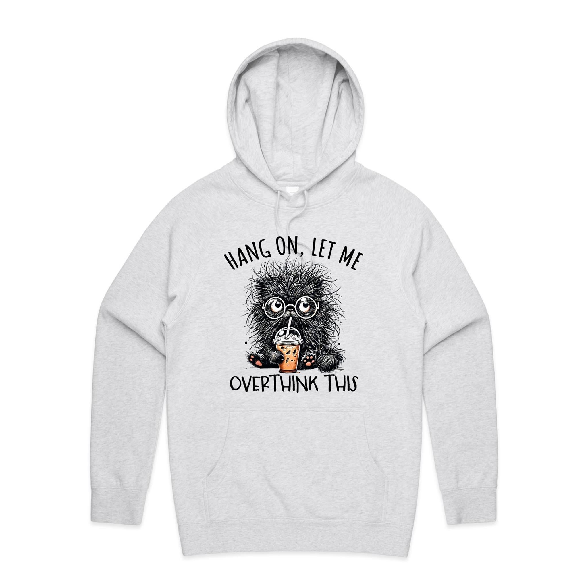 Frazzled Cat, Hang On Let Me Overthink This Men's AS Colour Hoodie White Marle Mens Hoodie animal Printed In Australia