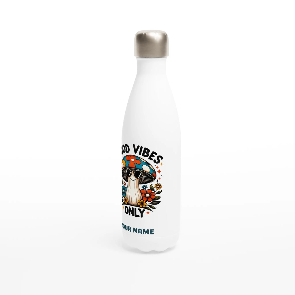 Personalised - Good Vibes Only, Hippie Mushroom With Sunglasses - White 17oz Stainless Steel Water Bottle Personalised Water Bottle Globally Fulfilled Positivity